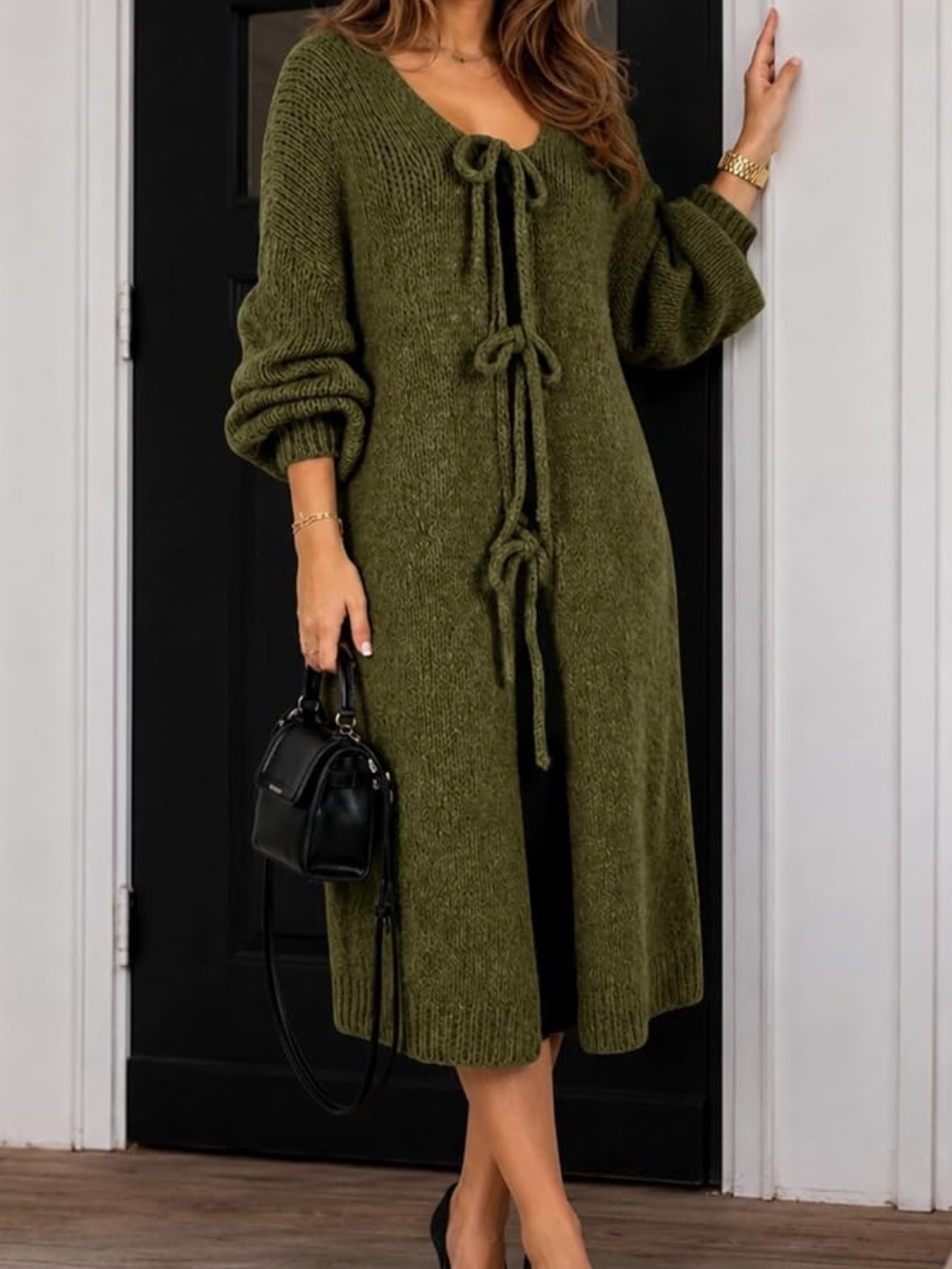 Olive Green Knit Tie-Front Midi Dress